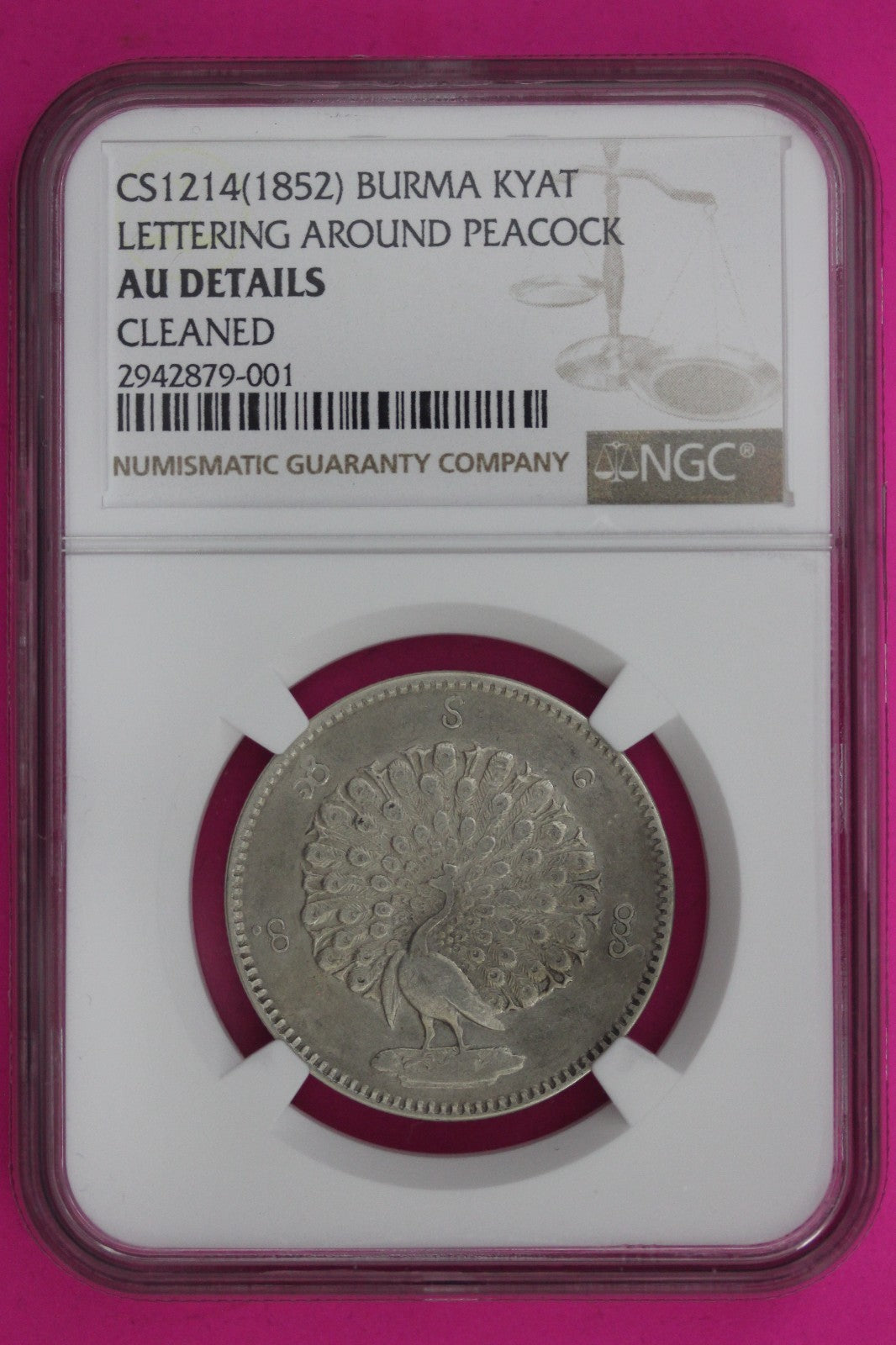 1852 AU Details Burma Kyat Cleaned NGC Certified Authentic Genuine Slab 1314