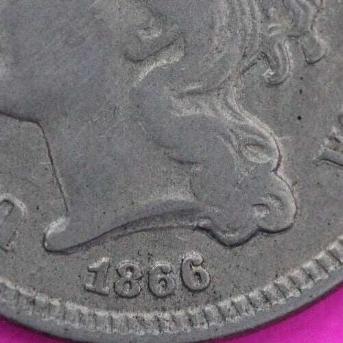 1866 Hi Grade Three 3 Cent Nickel Scarce Semi Key Date Coin Philadelphia Mint 51