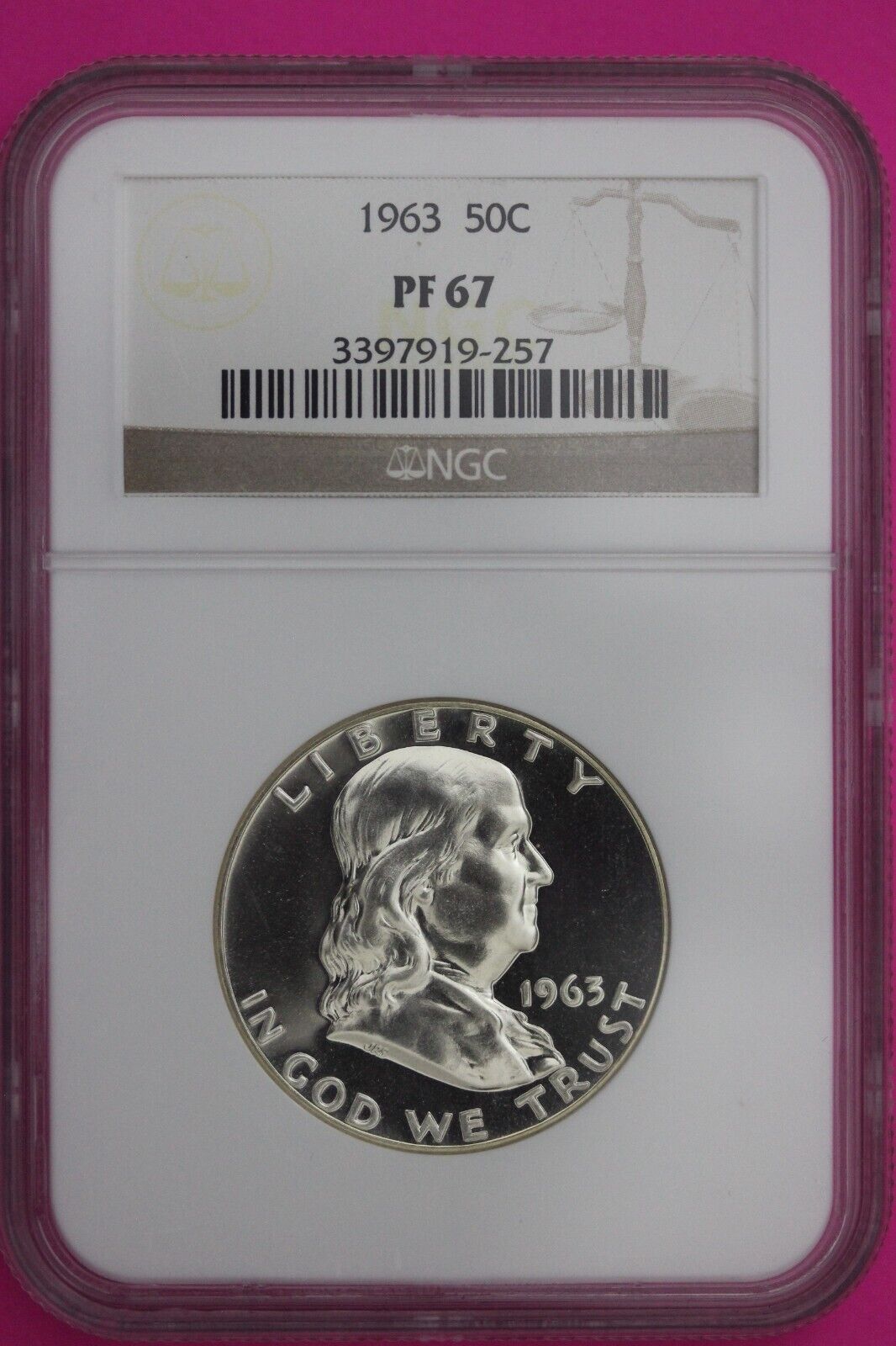 1963 PF 67 Ben Franklin Silver Proof Half Dollar NGC Graded Certified Slab 824