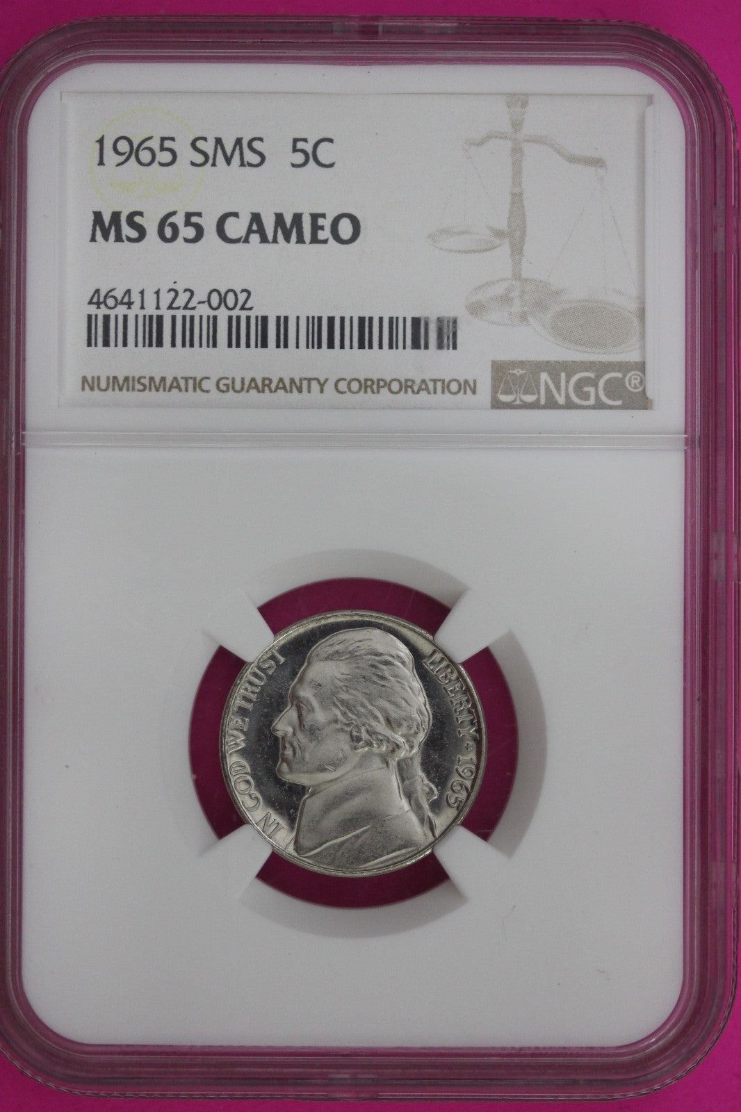 1965 SMS  MS 65 Cameo Jefferson Nickel NGC Certified Graded Authentic Slab 1276