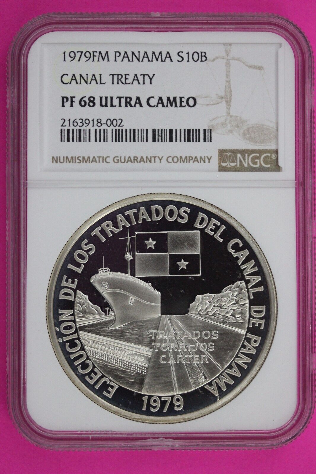 1979 Panama PF 68 Ultra Cameo Proof Silver 10 Balboas Canal Treaty Slab NGC 578