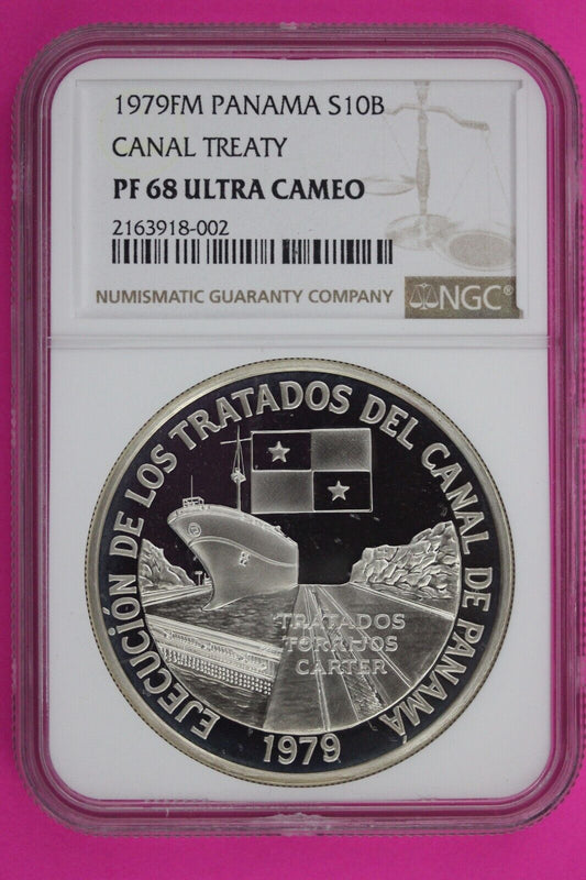 1979 Panama PF 68 Ultra Cameo Proof Silver 10 Balboas Canal Treaty Slab NGC 578