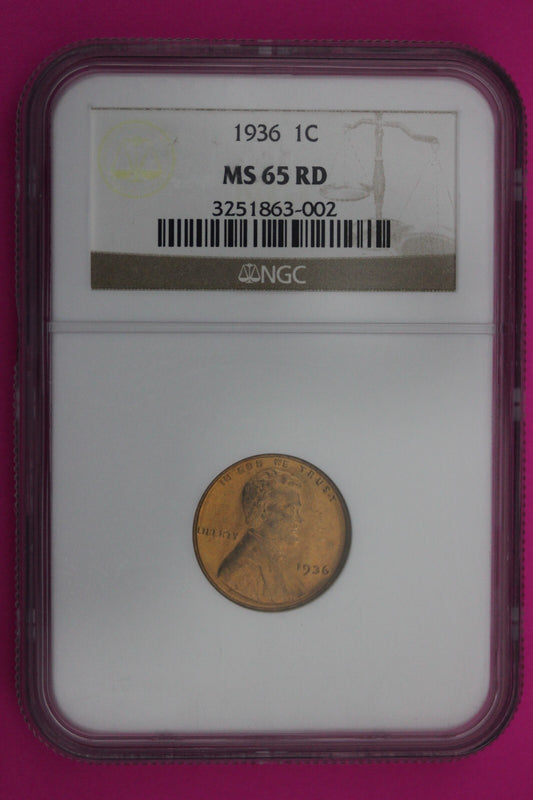 1936 P MS 65 RD Lincoln Wheat Cent Penny NGC Graded Certified Authentic Slab 54