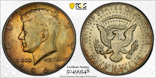 Toned 1966 Silver MS 65 John F Kennedy Silver Half Dollar PCGS Graded Slab 138