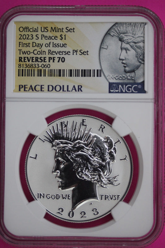 2023 S Reverse PF 70 Peace Silver Dollar From 2 Coin Set NGC Graded Genuine 923