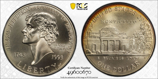 Toned 1993 P MS 69 Jefferson Commemorative Silver Dollar PCGS Graded Slab 434