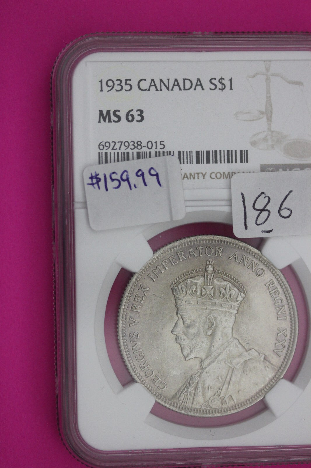 1935 MS 63 Canada Silver Dollar NGC Graded Certified Authentic Coin Slab 186