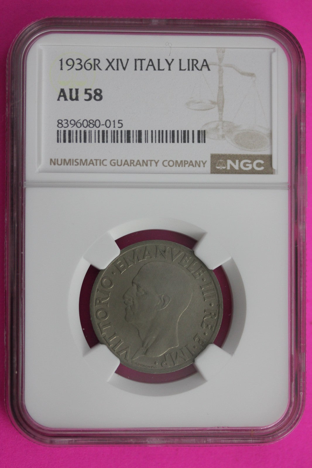1936 R AU 58 XIV Italy Lira Silver Coin NGC Certified Authentic Graded Slab 663