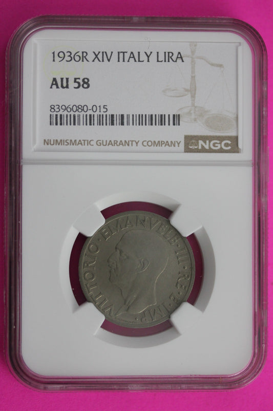 1936 R AU 58 XIV Italy Lira Silver Coin NGC Certified Authentic Graded Slab 663