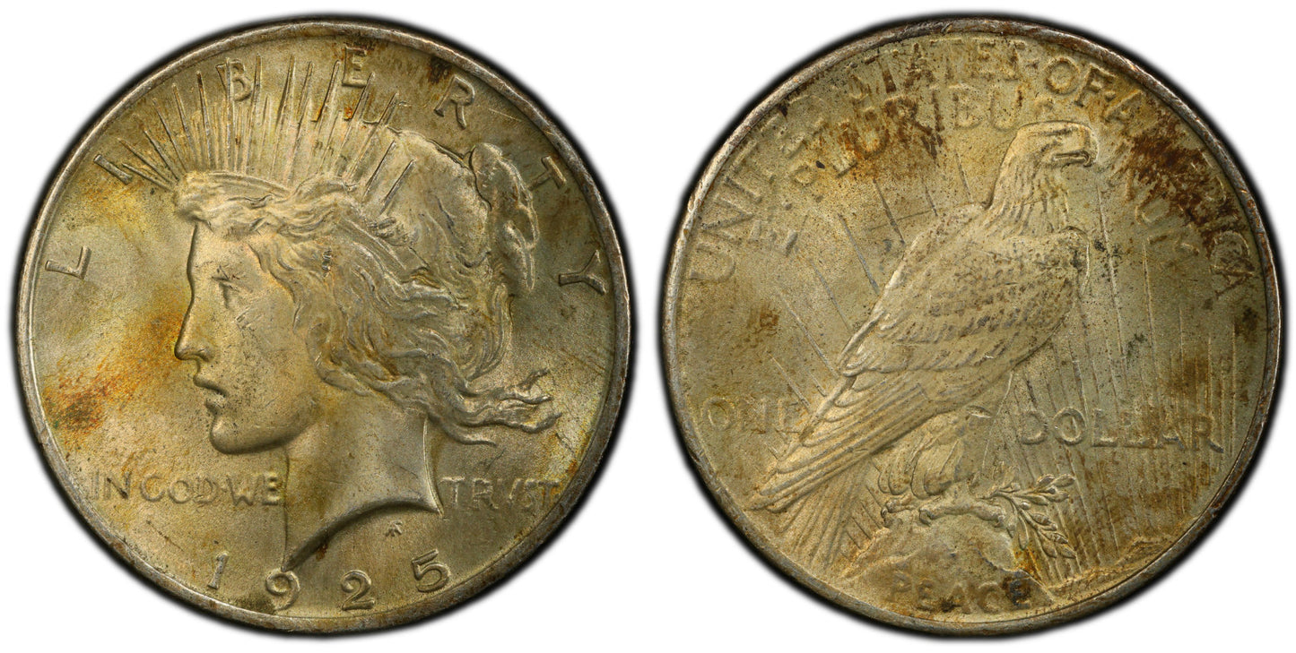 Toned 1925 P MS 63 Peace Silver Dollar PCGS Graded Certified Authentic Slab 390