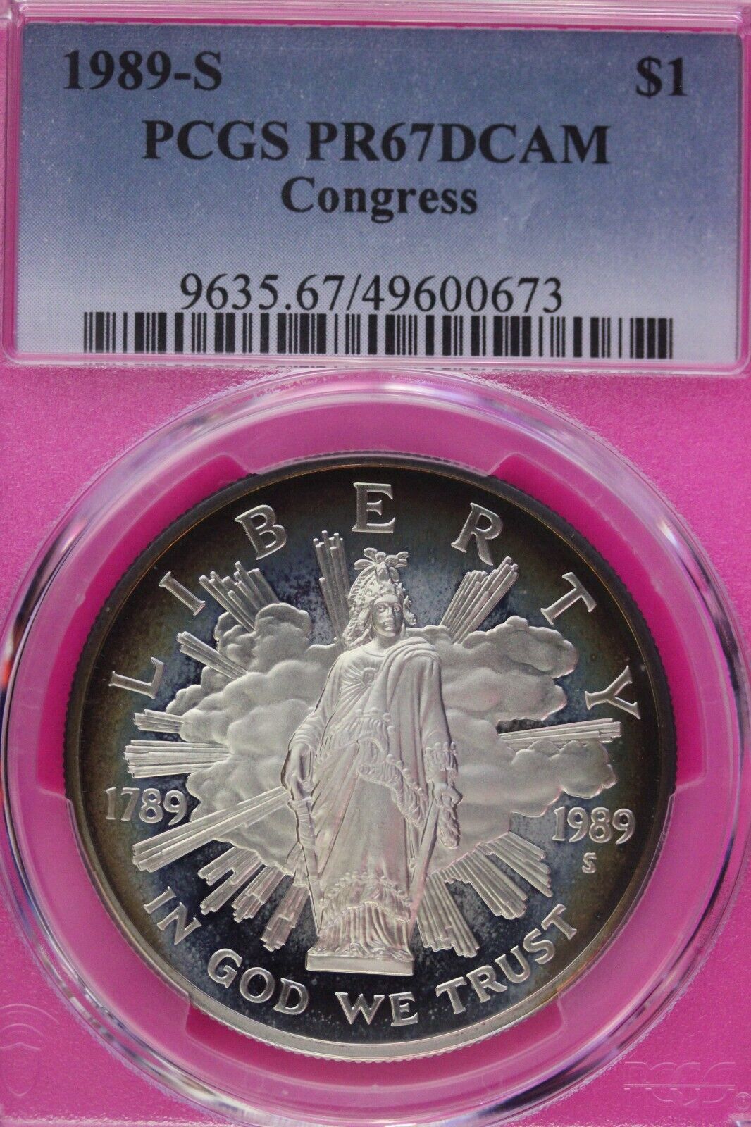 Toned 1989 S PR 67 DCAM Congress Commemorative Silver Dollar PCGS Certified 443