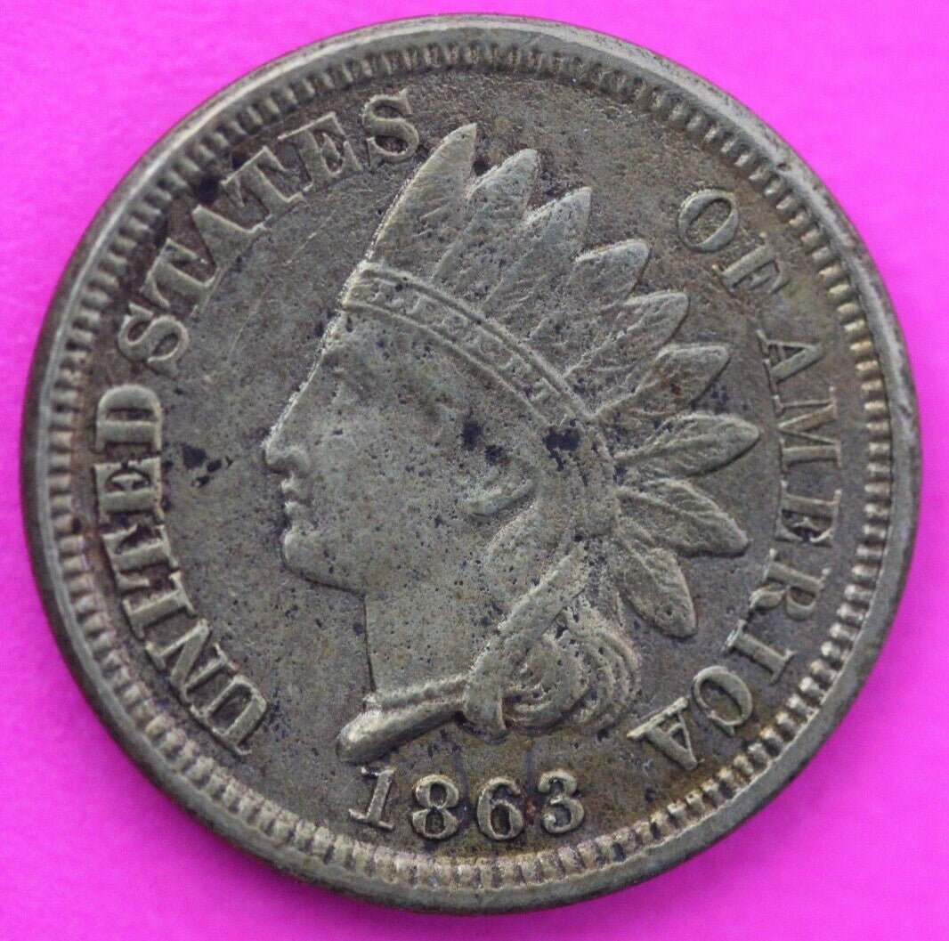High Grade 1863 Copper Nickel Indian Head Cent Penny Scarce Semi Key Date 07