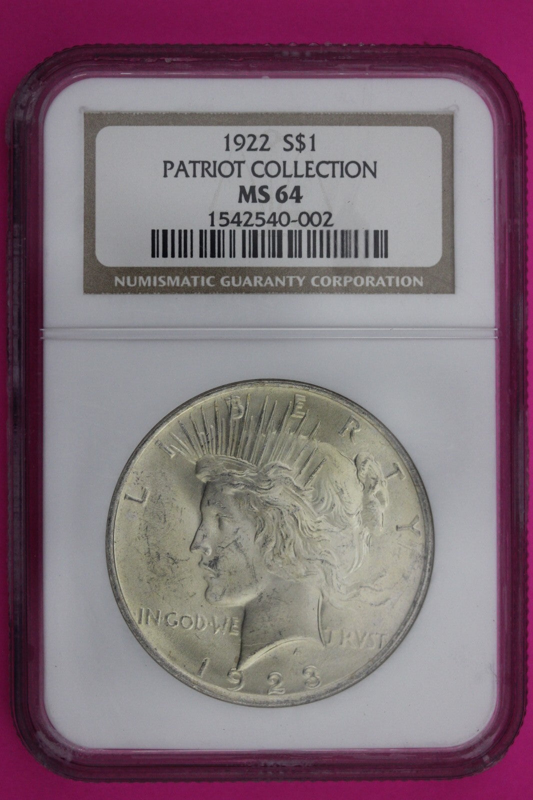 1923 P MS 64 Liberty Peace Silver Dollar NGC Label Error Patriot Collection 504