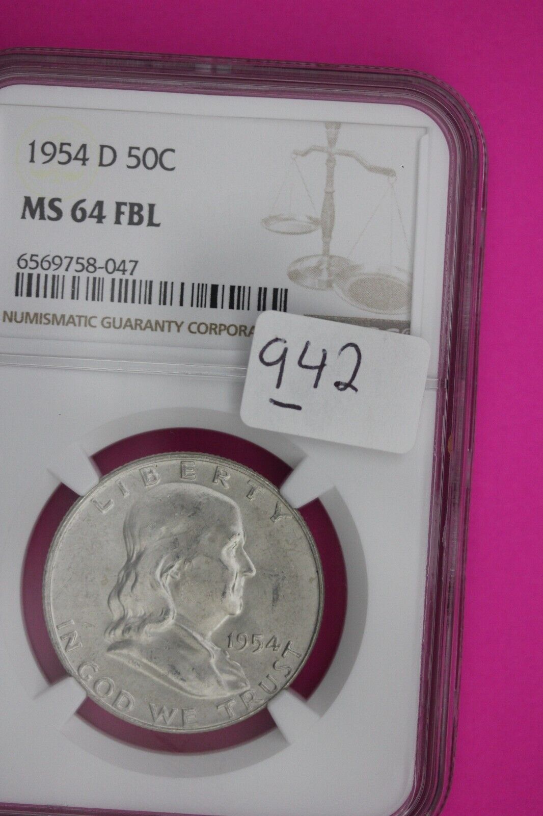Full Bell Lines 1954 D MS 64 FBL Ben Franklin Half Dollar Silver Coin NGC 942