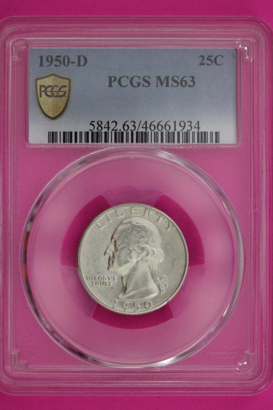 1950 D MS 63 Washington Silver Quarter PCGS Certified Graded Authentic Slab 1262