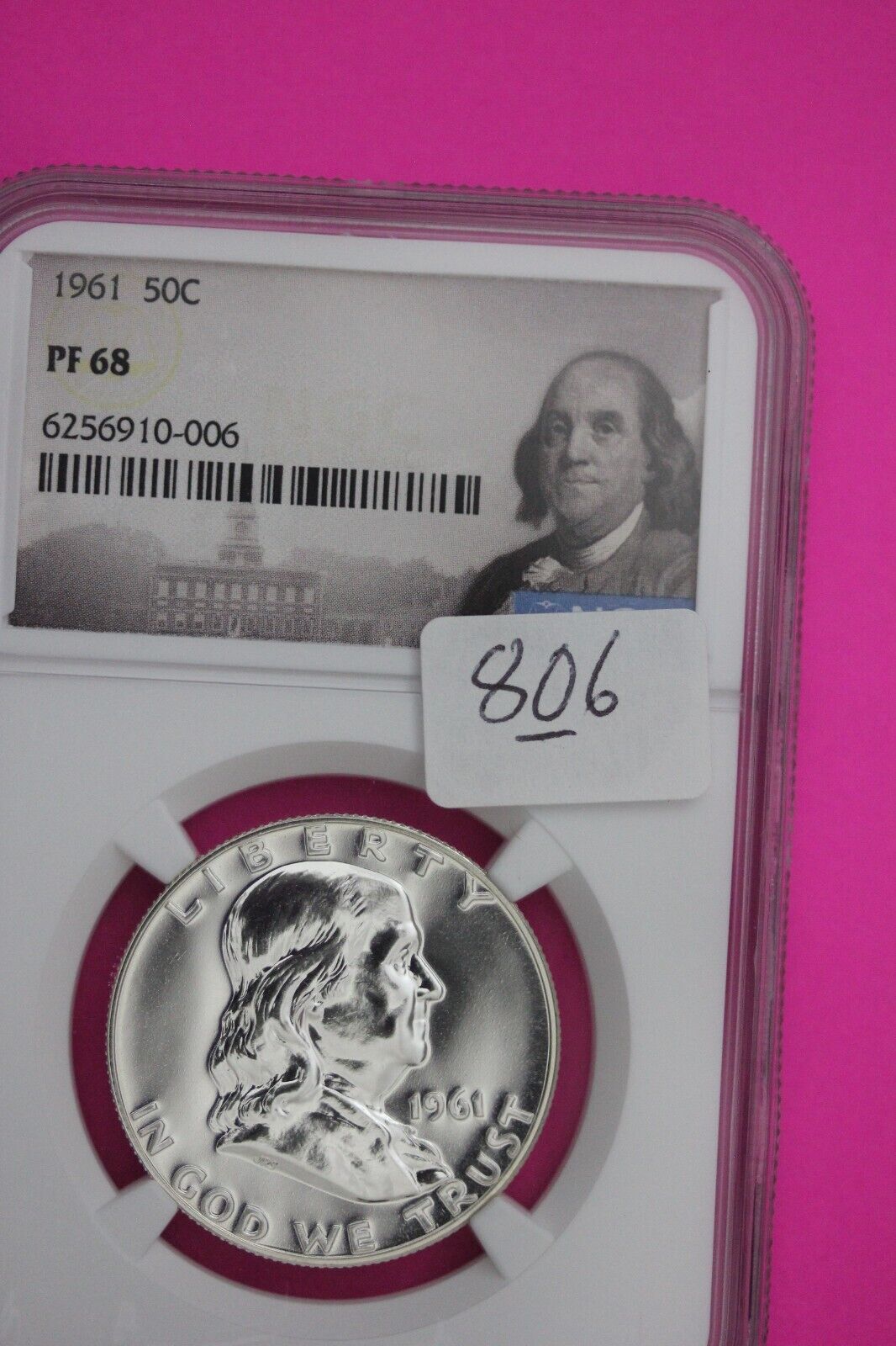 1961 PF 68 Ben Franklin Silver Proof Half Dollar NGC Graded Certified Slab 806