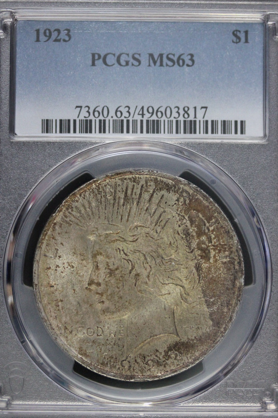 Toned 1923 P MS 62 Peace Silver Dollar PCGS Graded Certified Authentic Slab 74