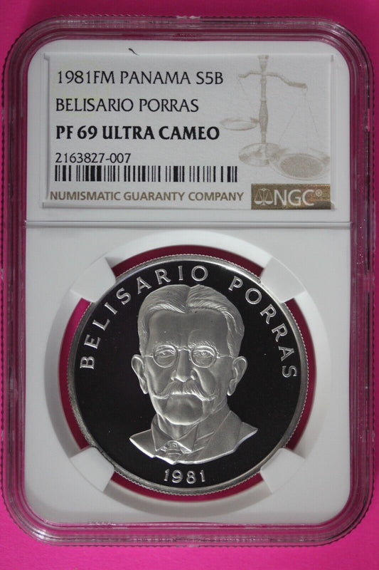 1981 Panama PF 69 Proof Ultra Cameo Silver 5 Balboas NGC Certified Slab 1016