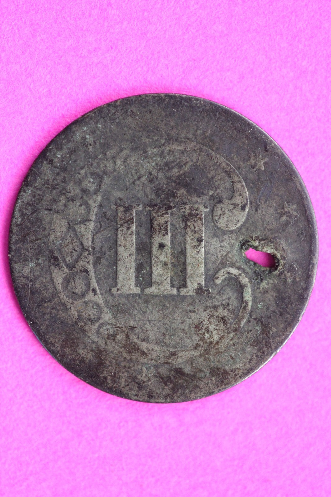 1853 P Trime 3 Three Cent Silver Dime Low Grade Hole Filler Exact Coin Shown 35