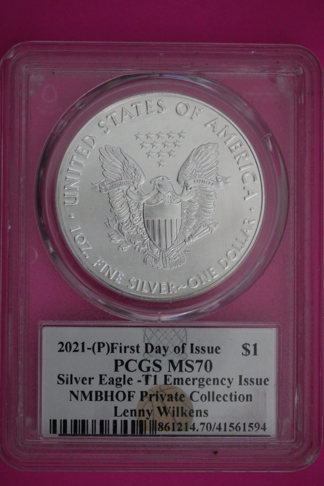 2021 (P) MS 70 Silver Eagle NMBHOF Private Collection Lenny Wilkons PCGS 902