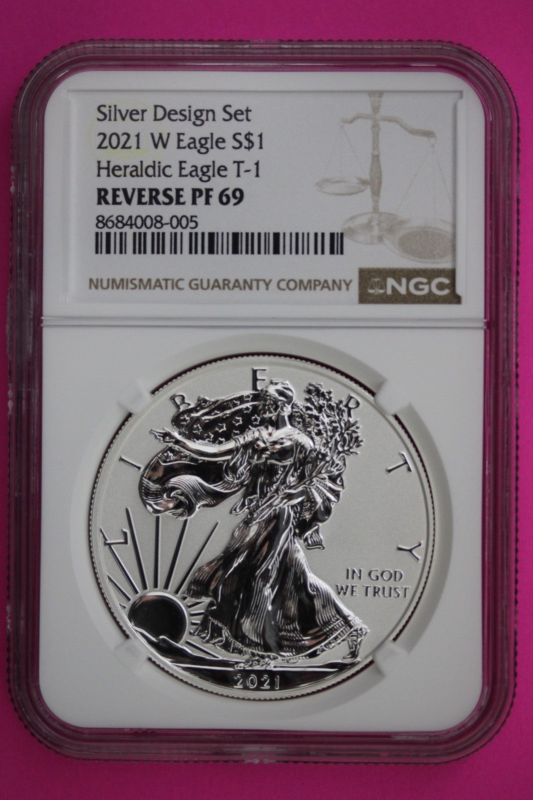 2021 W T1 Reverse Proof Silver Eagle PF 69 One Coin From Design Set NGC Slab 64