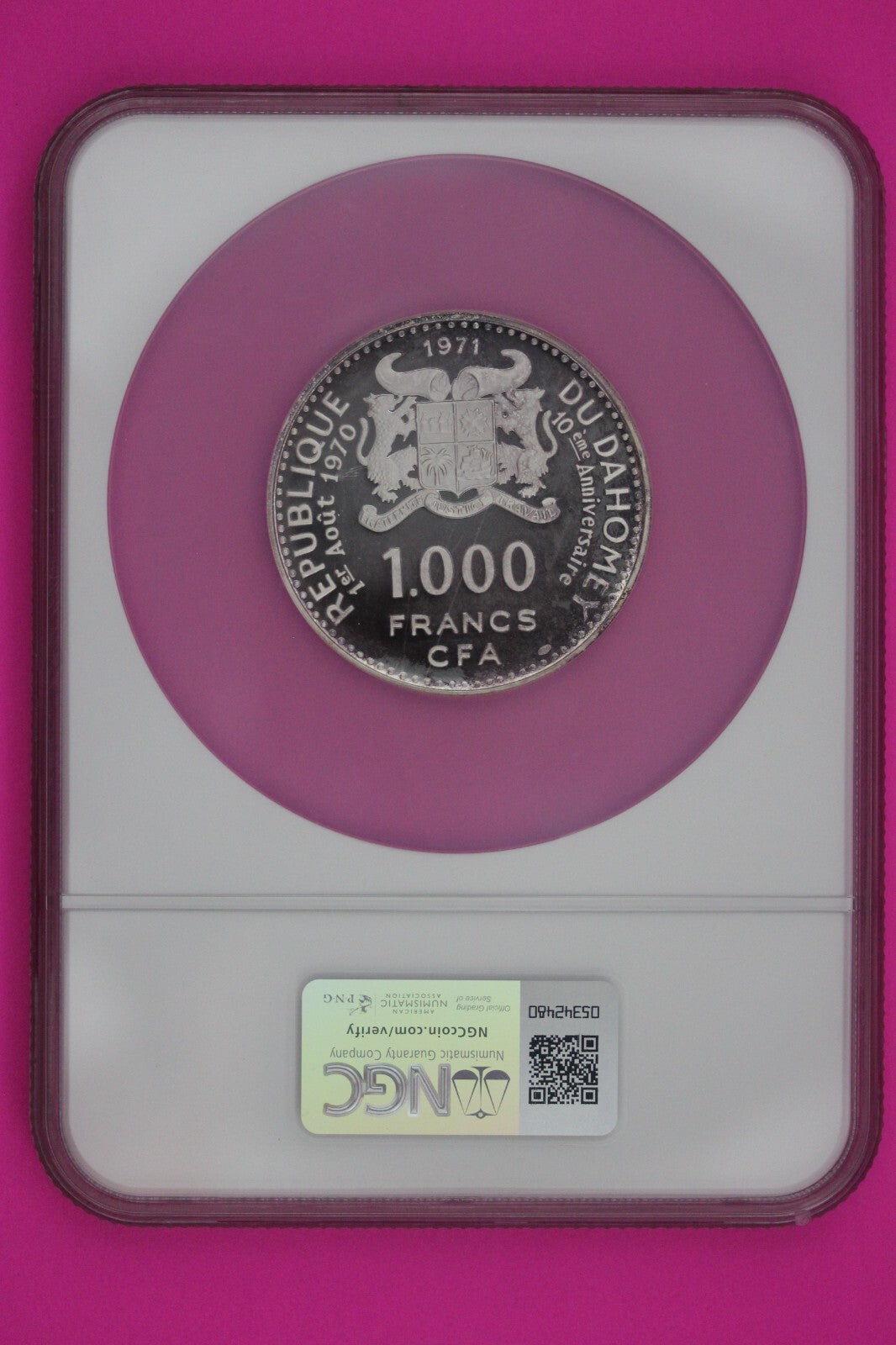 1971 PF 66 Dahomey Somba Woman 1000 Francs  1.65 Ounces .999 Silver NGC 7005