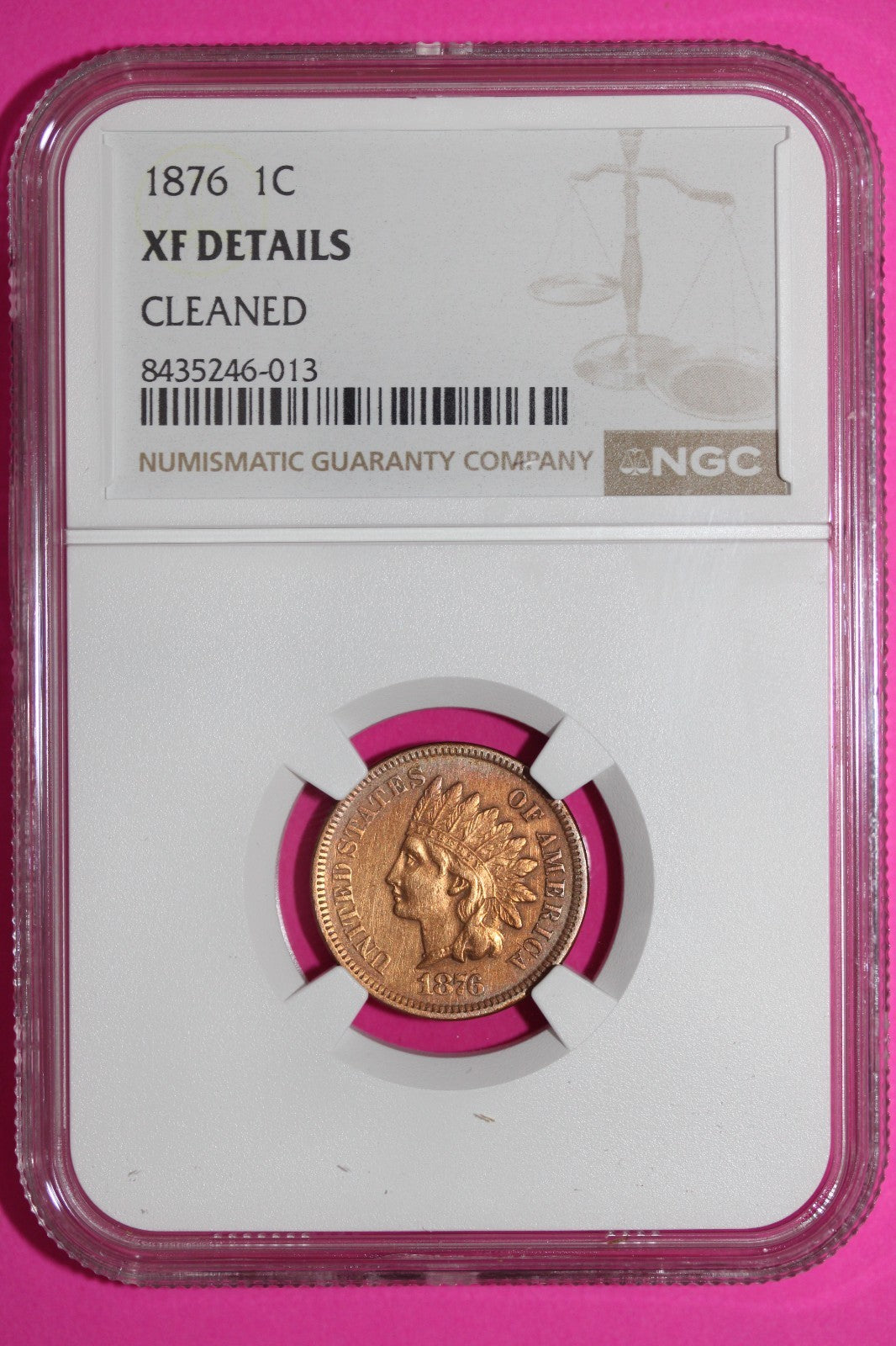 1876 Indian Head Cent Penny XF Details Cleaned NGC Certified Authentic Slab 913