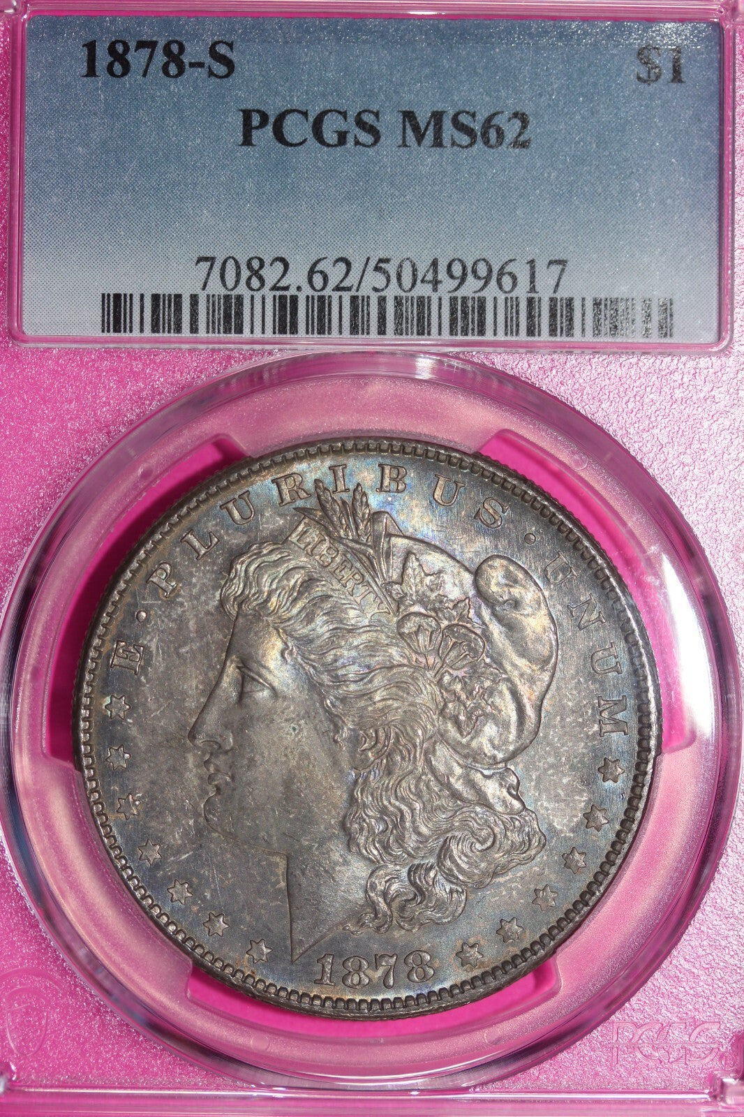 Rainbow Toned 1878 S MS 62 Morgan Liberty Silver Dollar PCGS Certified Slab 196