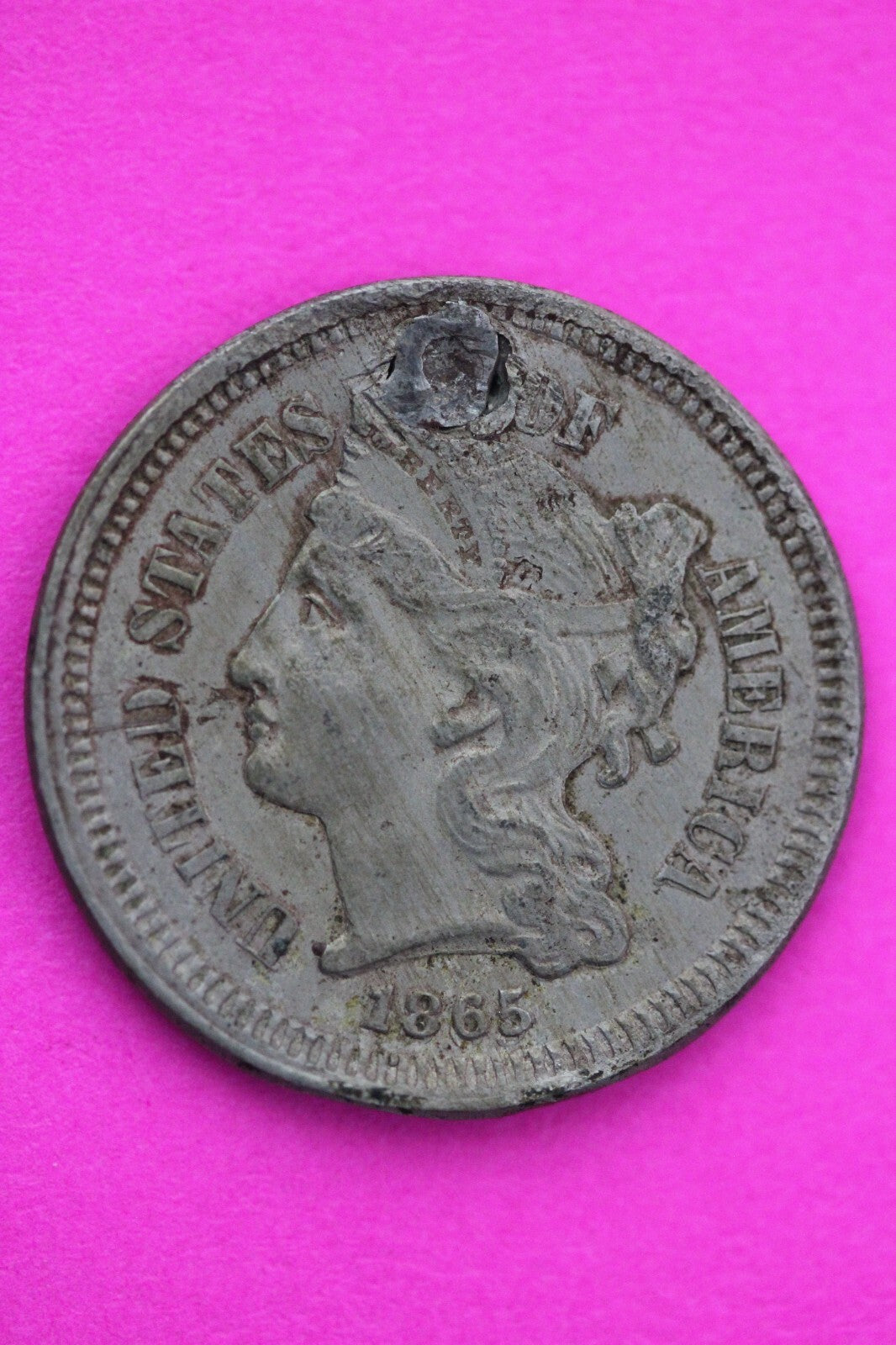 1865 Damaged Three 3 Cent Nickel Scarce Semi Key Date Coin Philadelphia Mint 45