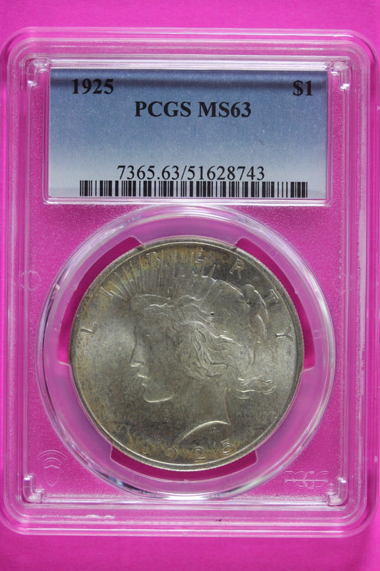 Toned 1925 P MS 63 Peace Silver Dollar PCGS Graded Certified Authentic Slab 922