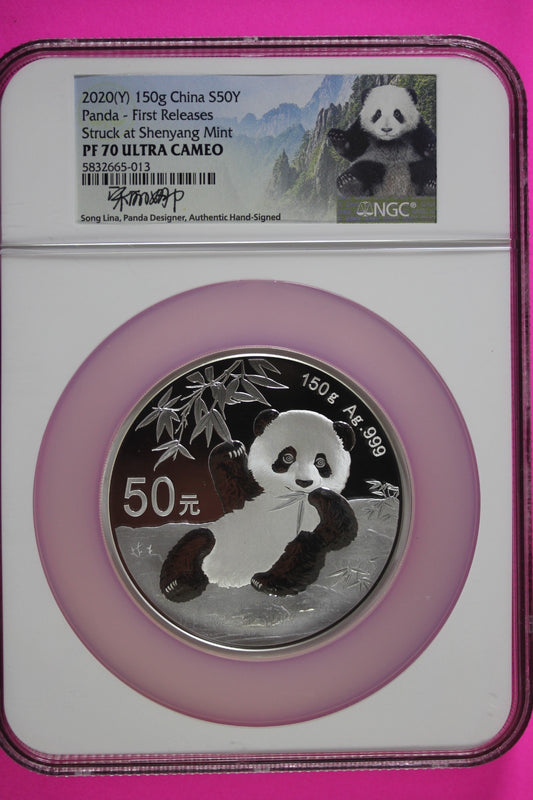 2020 PF 70 China Panda 50 Yuan First Release Lina Sig 150 Grams Silver NGC 7027