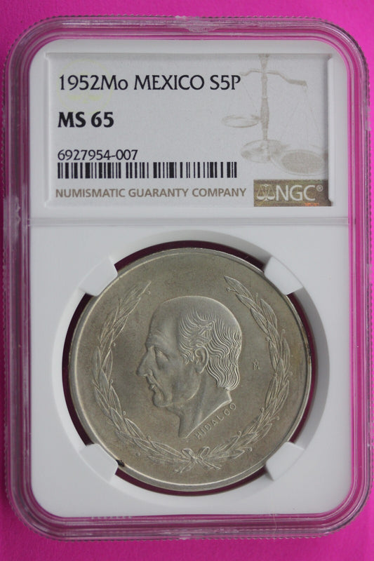 1952 MS 65 Mexico 5 Pesos Silver Coin NGC Certified Graded Authentic Slab 174