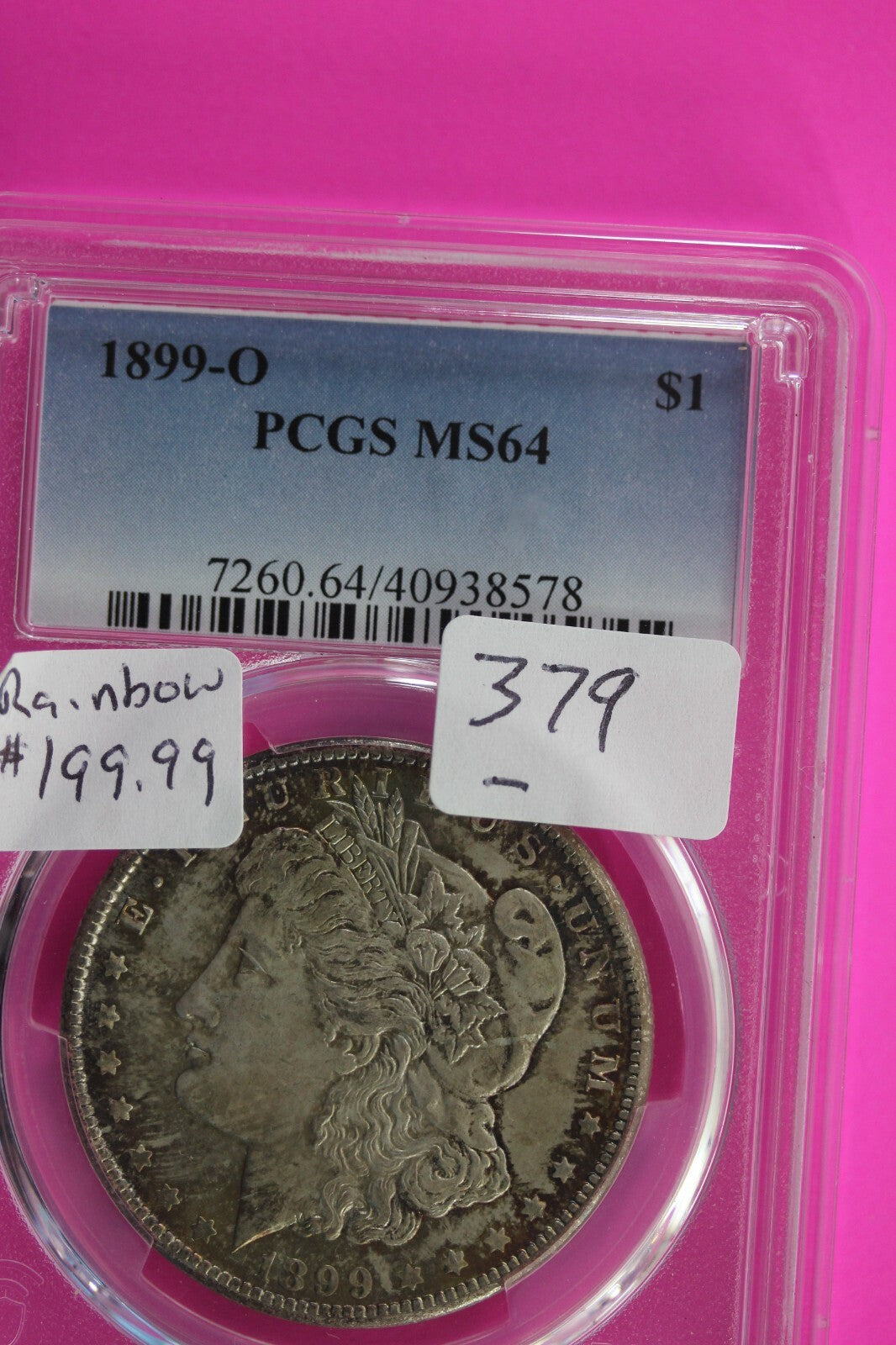 Rainbow Toned 1899 O MS 64 Liberty Morgan Silver Dollar PCGS Certified Slab 379