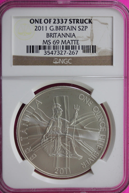 2011 MS 69 Matte Great Britain £2 Britannia 1 of 2337 Struck NGC Graded Slab 63