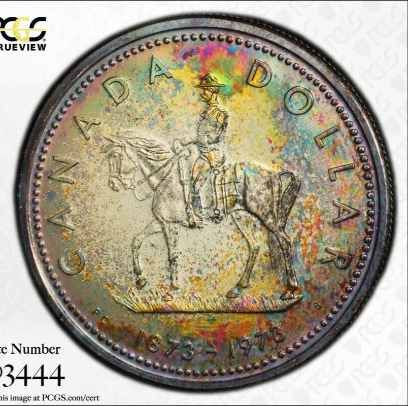 Rainbow Toned 1973 SP 68 Canada RC Mounted Police Silver Dollar PCGS Graded 738