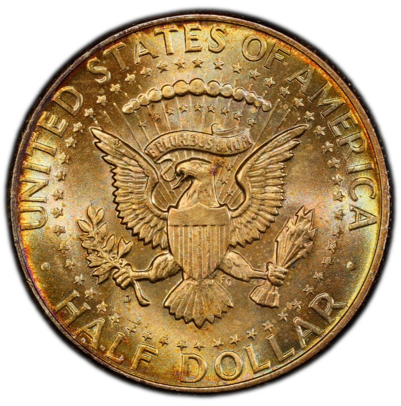 Rainbow Toned 1964 D MS 66 John F Kennedy Silver Half Dollar PCGS Graded 162