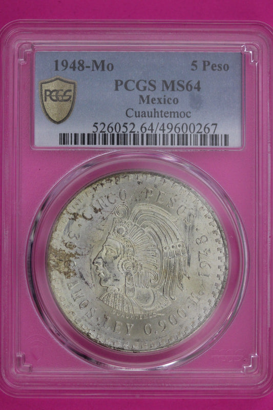Toned 1948 MS 64 Mexico Cuahtemoc 5 Peso PCGS Certified Graded Authentic 1210