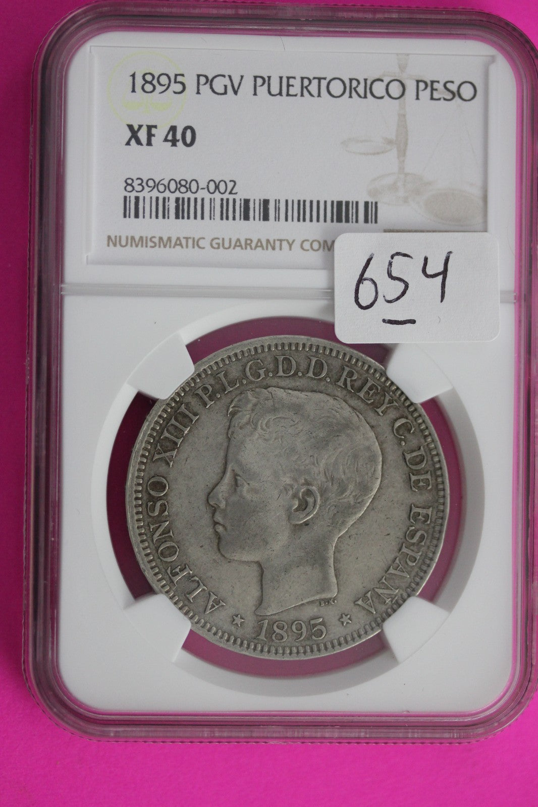 1895 PGV Puerto Rico XF 40 Peso Silver Coin NGC Certified Graded Authentic 654