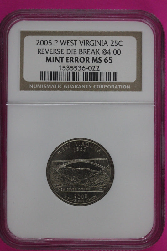 Mint Error Reverse Die Break 2005 P MS 62 West Virginia Quarter NGC Graded 163