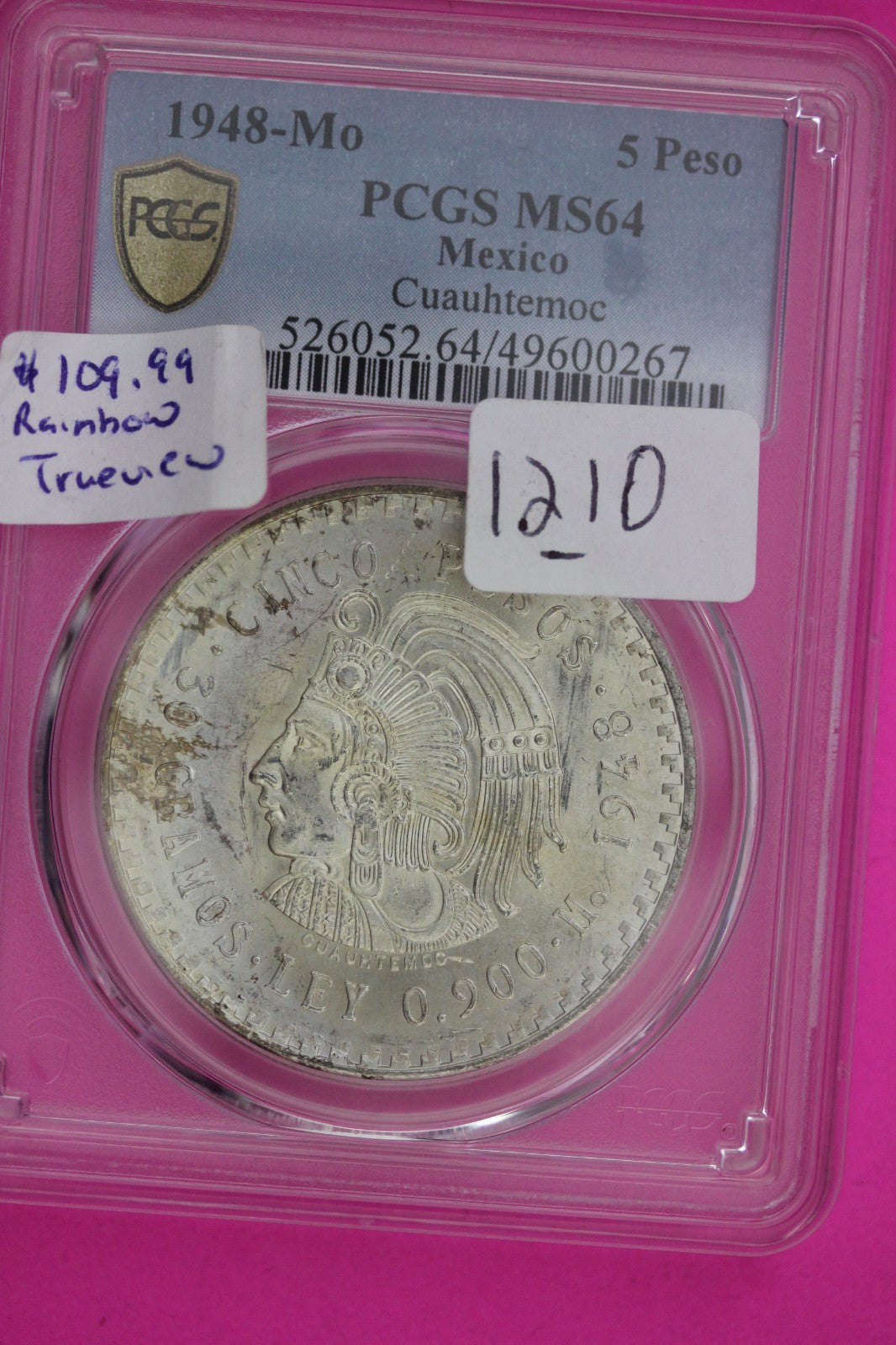 Toned 1948 MS 64 Mexico Cuahtemoc 5 Peso PCGS Certified Graded Authentic 1210