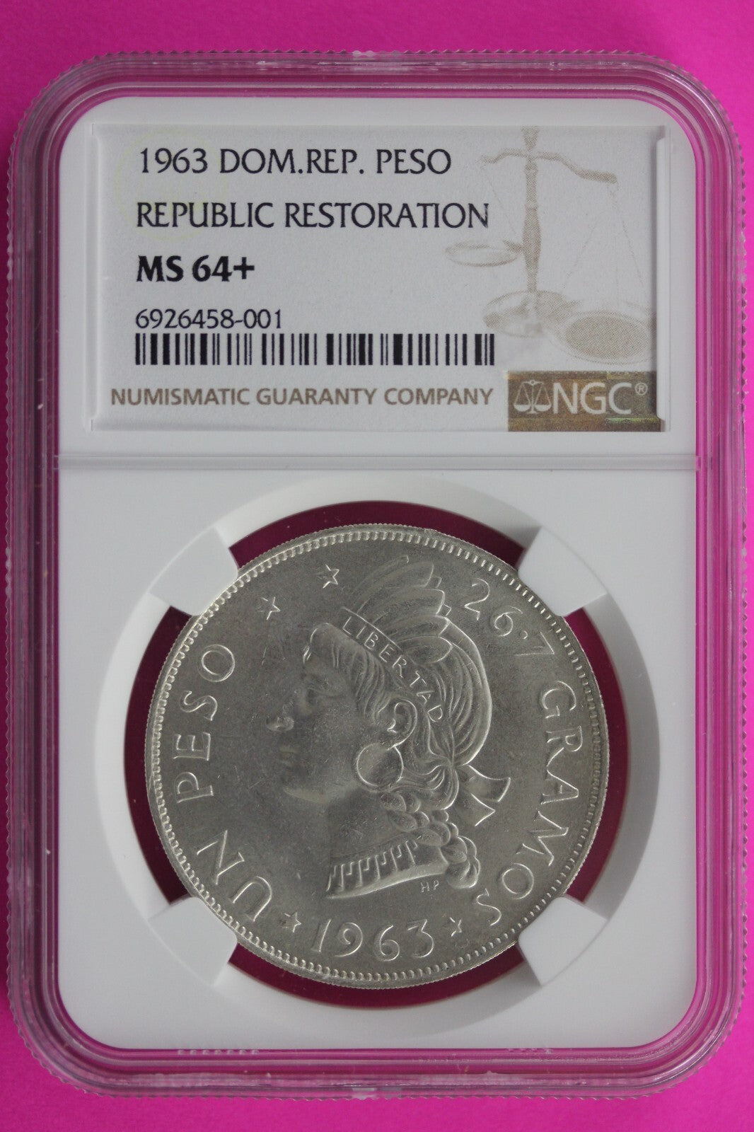1973 MS 64+ Dominican Republic Restoration Peso Silver Coin NGC Certified 569