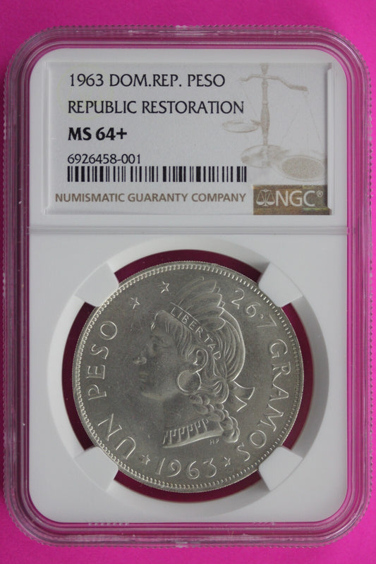 1973 MS 64+ Dominican Republic Restoration Peso Silver Coin NGC Certified 569