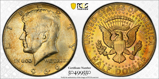 Toned 1966 Silver MS 65 John F Kennedy Silver Half Dollar PCGS Graded Slab 132