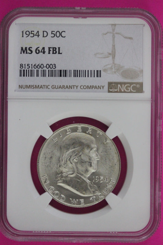 1954 D MS 64 Full Bell Lines Ben Franklin Silver Half Dollar NGC FBL Slab 89