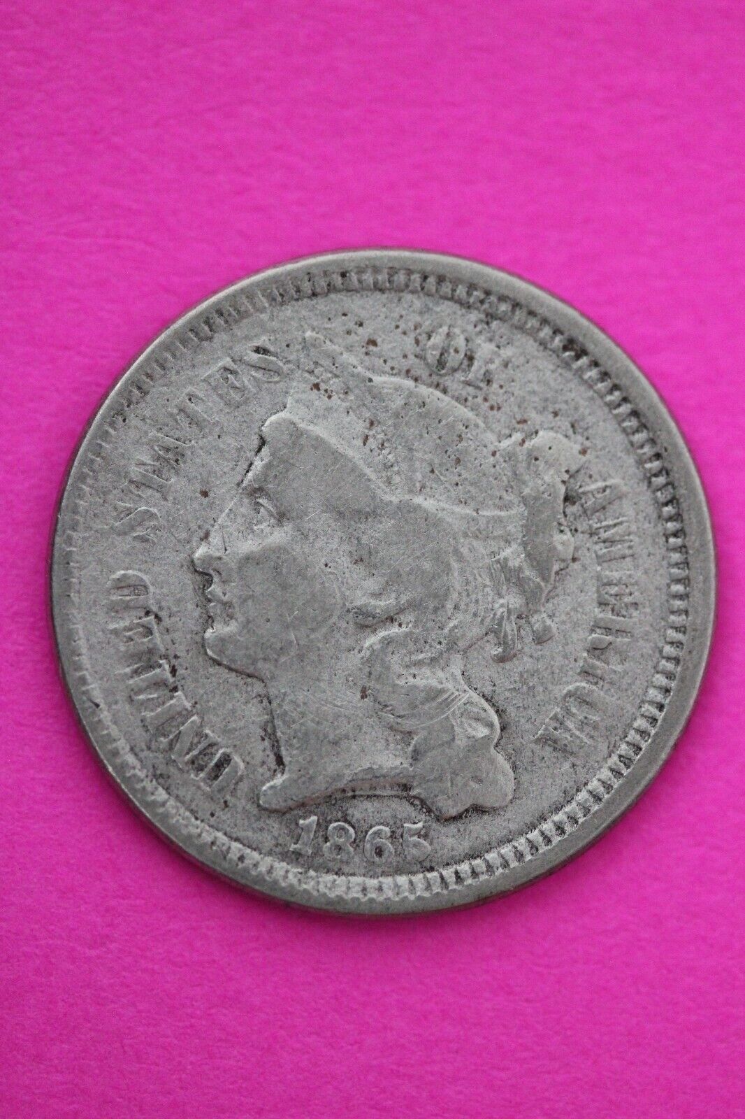 1865 Three 3 Cent Nickel Scarce Semi Key Date Type Coin Philadelphia Mint 186