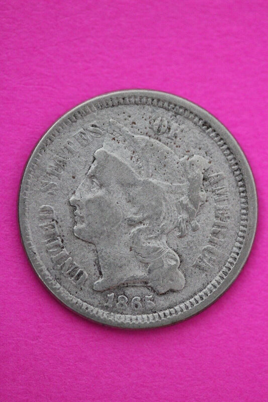 1865 Three 3 Cent Nickel Scarce Semi Key Date Type Coin Philadelphia Mint 186
