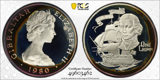 Toned 1981 PR 68 DCAM Crown Gibraltar Admiral Nelson Battle Trafalgar PCGS 594
