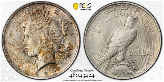Golden Toned 1922 P MS 62 Peace Silver Dollar PCGS Graded Trueview Slab 1421