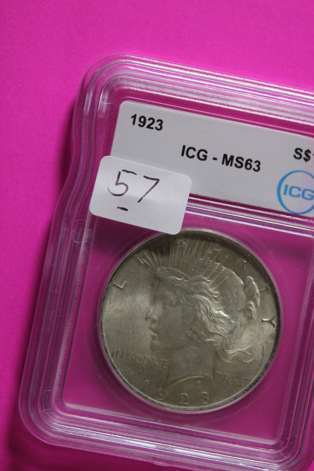 1923 P MS 63 Liberty Peace Silver Dollar ICG Graded Authentic Certified Slab 57