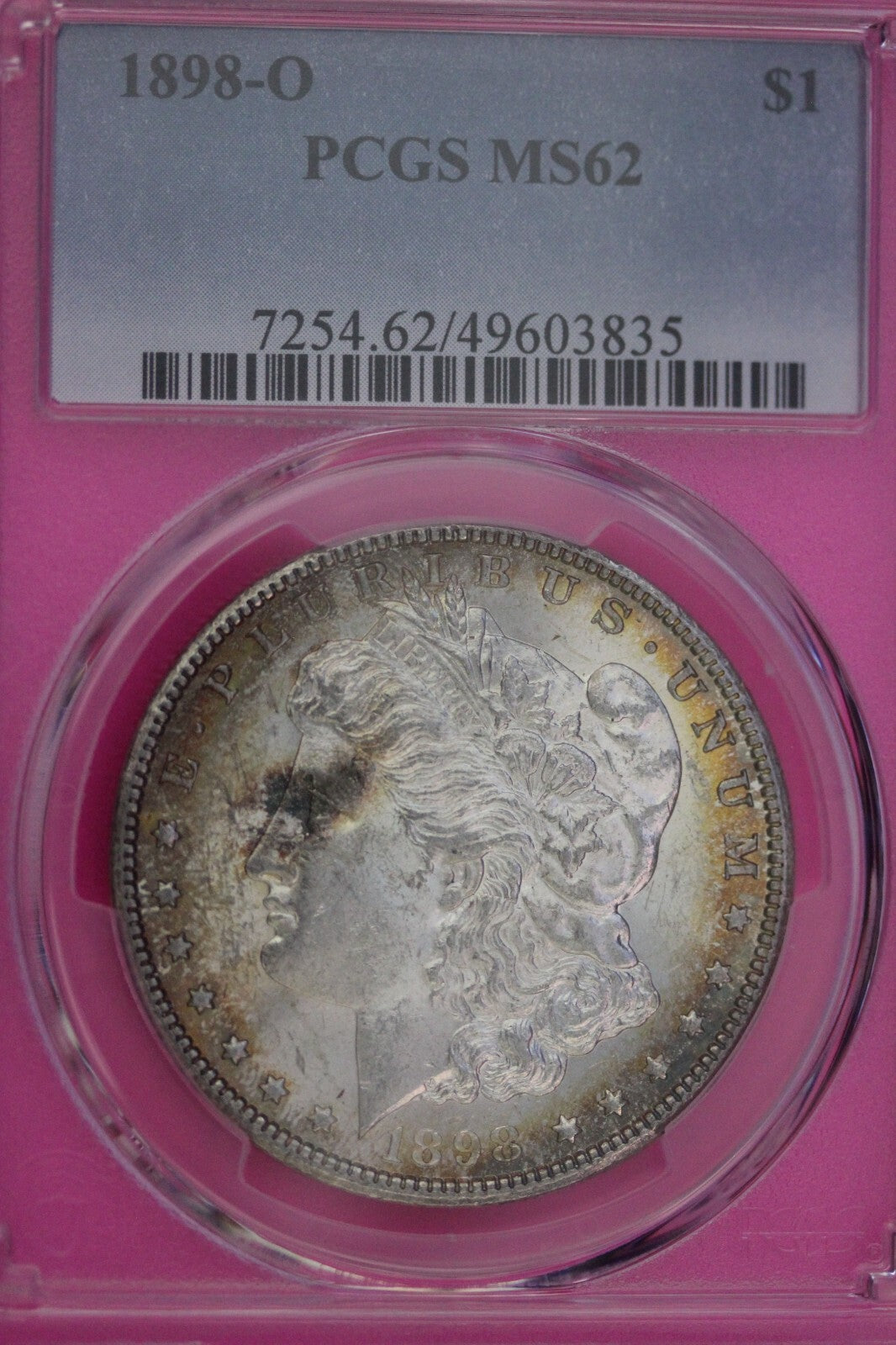 Toned 1898 O MS 62 Morgan Liberty Silver Dollar PCGS Certified Slab 17